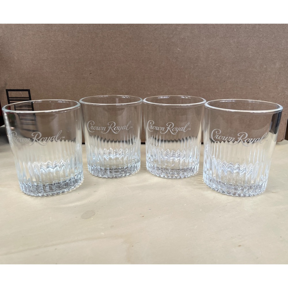 Crown Royal Canadian Whisky Rocks Glasses Set of 4 Etched Logo Fluted Base Clear